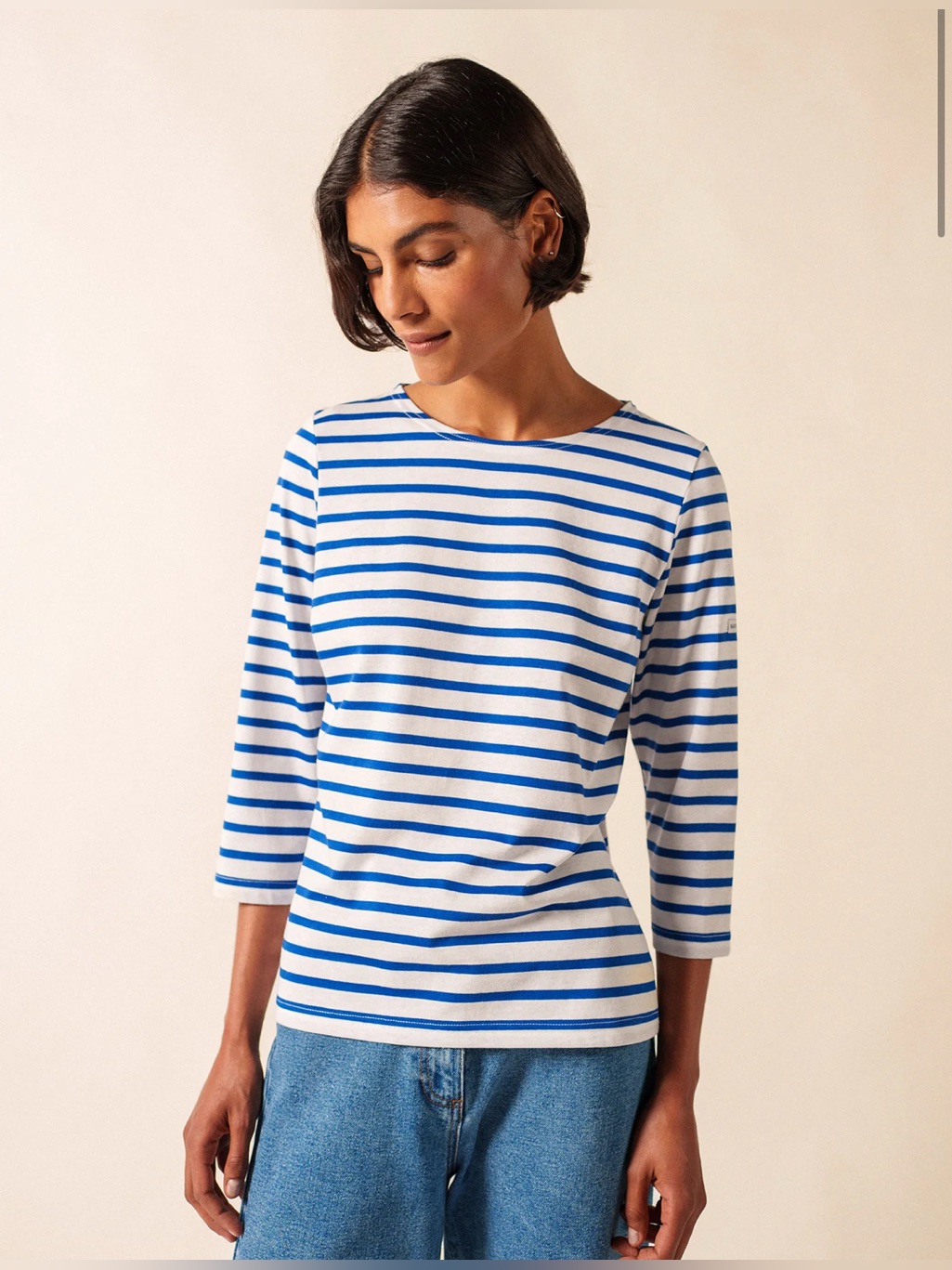 Saint James Breton Striped 3/4-Sleeve Tee In White And Blue Size 8